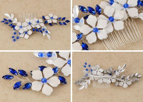 Miniatura 3 de Alilang Peine para el cabello de la boda de la novia, peine lateral plateado, cristal azul, pieza de pelo nupcial, accesorios para el cabello nupcial