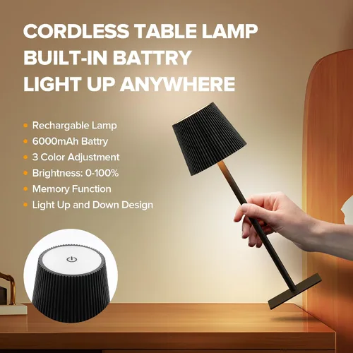Miniatura 4 de LUTEC Paquete de 2 lámparas de mesa inalámbricas, lámpara de escritorio a batería recargable de 6000 mAh, dos alturas ajustables, impermeable, Negro