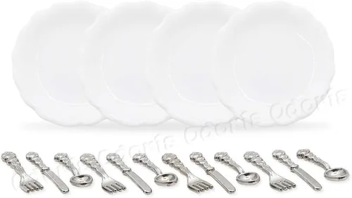 Miniatura 2 de Odoria 1/12 Platos en miniatura y cubiertos Cuchillo Tenedor Cuchara Juego de accesorios para casa de muñecas, plata plateado