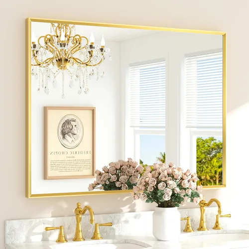 Miniatura 30 de TETOTE Espejo de Baño Dorado de 16" x 20" Latón Dorado Cepillado Rectangular con Marco Biselado Espejo de Tocador de Baño para Sobre el Lavabo