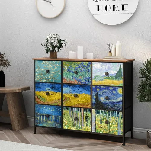 Miniatura 10 de EXOTICA Cómoda alta con 8 cajones para dormitorio, cómoda estrecha de cajones Van Gogh para pasillo, clóset, sala de estar, marco de acero, rústico