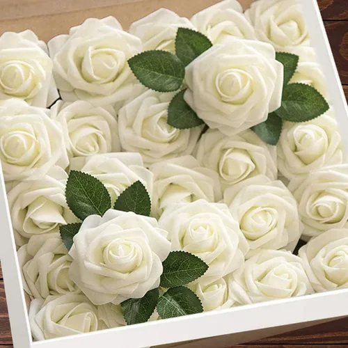 Miniatura 37 de Higfra Flores artificiales, 25 rosas falsas de espuma de aspecto real con tallos para ramos de boda, centros de mesa de despedida de soltera, Brillo