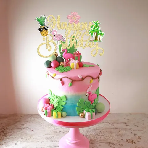Miniatura 7 de Gyufise 1 pieza de decoración de pastel de feliz cumpleaños tropical hawaiano Luau pastel Pick Glitter Flamingo Flower Plam Leave Pineapple Cake
