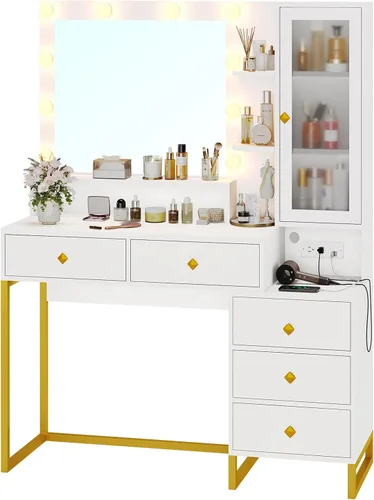 Miniatura 8 de Tiptiper - Tocador de maquillaje con luces y estación de carga, escritorio de tocador grande con espejo y luces, mesa de maquillaje con 5 cajones