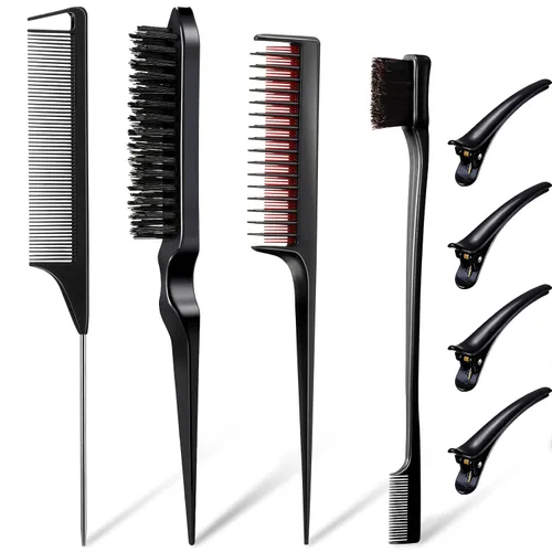 Juego de 8 piezas de peinado para mujeres, niñas y estilistas: cepillo de burlas, cepillo de borde, peine triple, peine de cola de rata con clips