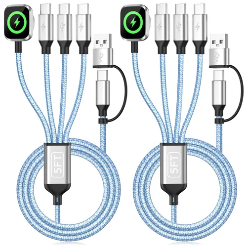 Miniatura 18 de Cable de Carga Múltiple para Cargador de Apple Watch, 4 en 1 Cable Cargador de Teléfono USB A/C con Doble Tipo-C/IP, Cable Magnético iWatch de Nylon
