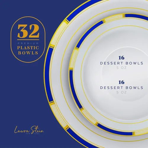 Miniatura 2 de Laura Stein Juego de vajilla de diseñador 32 cuencos de plástico desechables para fiestas, cuenco blanco con borde azul y detalles dorados