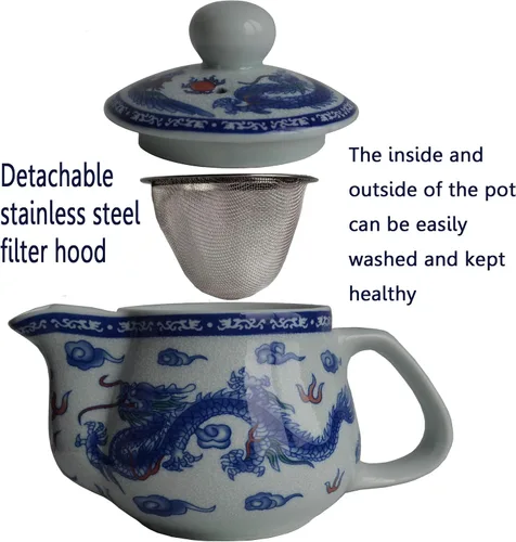 Miniatura 6 de Tetera infusor de alambre de filtro de acero inoxidable de dragón blanco azul de 14 onzas para té suelto (olla Dragon Phoenix)