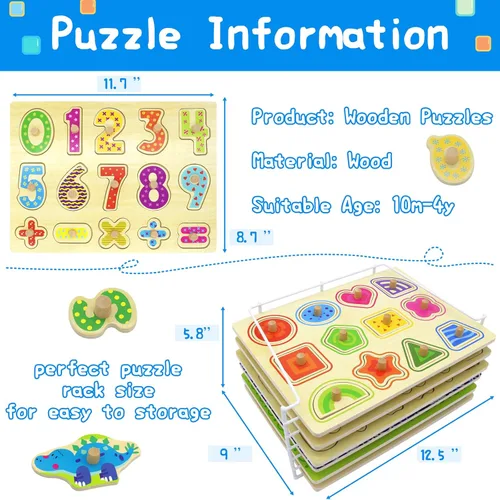 Miniatura 2 de Rompecabezas de madera para niños pequeños de 1 a 3: 6 rompecabezas del alfabeto y números con perillas y soporte de rompecabezas de alambre