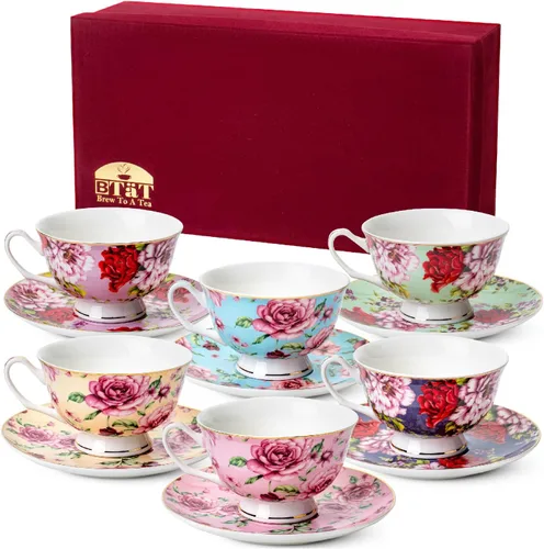 Miniatura 7 de BTaT - Juego de tazas de té y platillos florales, 8 onzas, juego de tazas de té de porcelana fina con ribete dorado para té de la tarde, bodas