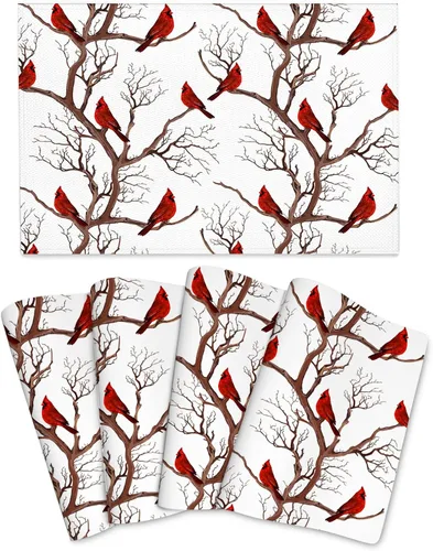 Winter Cardinal - Juego de 4 manteles individuales decorativos de color rojo, 12 x 18 pulgadas, lavables, resistentes al calor, para cocina, mesas
