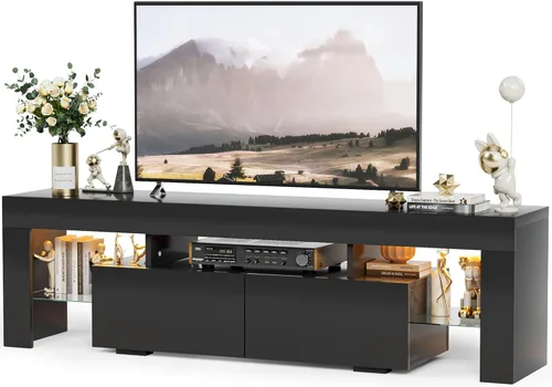 YESHOMY Soporte de TV LED moderno negro para televisores de hasta 70 pulgadas con estantes de vidrio y cajón, centro de entretenimiento para juegos