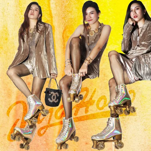 Miniatura 4 de JajaHoho Patines de ruedas para mujer, patines de cuero PU holográficos de alta calidad, patines de cuatro ruedas brillantes de doble fila