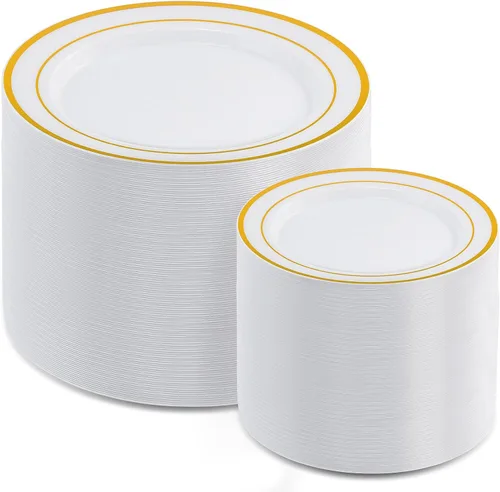 AOZITA Juego de 200 platos de plástico dorado, platos desechables resistentes para fiestas y bodas, incluye 100 platos llanos y 100 platos de