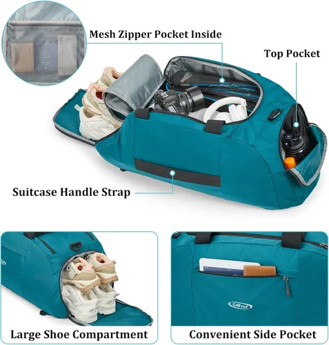 Miniatura 6 de G4Free Mochila de lona grande de 3 vías de 70L Bolsa de lona deportiva para gimnasio y compartimento para zapatos, Verde, Compacto