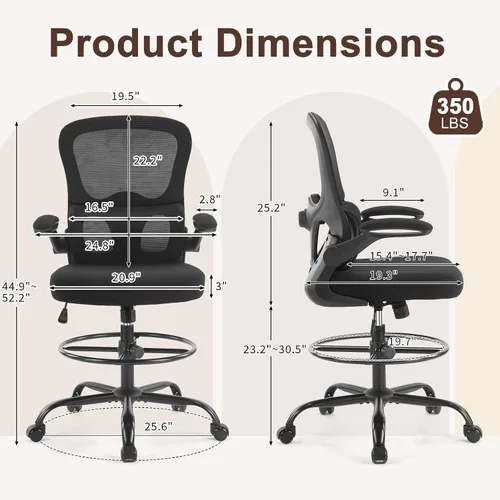 Miniatura 2 de Karlhome - Silla ergonómica de dibujo con soporte lumbar y reposabrazos abatibles, silla de oficina giratoria alta con anillo reposapiés de altura