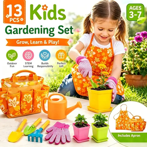 Miniatura 7 de Juego de jardinería para niños de 3 a 7 años, kit de herramientas de jardín de 13 piezas con delantal, bolsa de mano, juguete de aprendizaje STEM al
