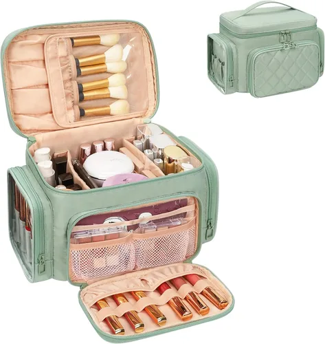 Miniatura 16 de Bagmoly Bolsa de maquillaje grande, organizador portátil de maquillaje para mujeres y niñas con compartimento para brochas de maquillaje y dos