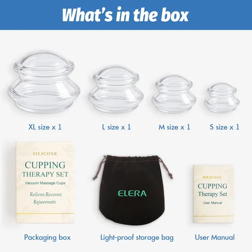 Miniatura 9 de ELERA Juego de terapia de ventosas de silicona – Tazas de masaje transparentes en 4 tamaños (XL, L, M, S) para relajación corporal, celulitis
