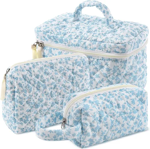 Paterr Juego de 3 bolsas de maquillaje acolchadas grandes de algodón para mujer, bolsa organizadora de artículos de tocador de viaje para Azul