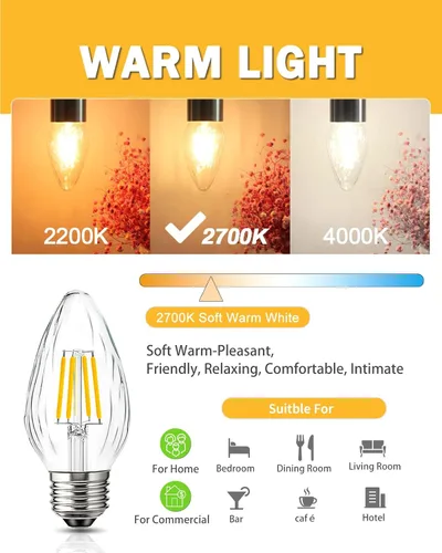 Miniatura 5 de Bombilla LED F15 de 4 W, equivalente a 40 W, bombillas Edison E26 regulables, color blanco suave de 2700 K, bombilla de porche delantero