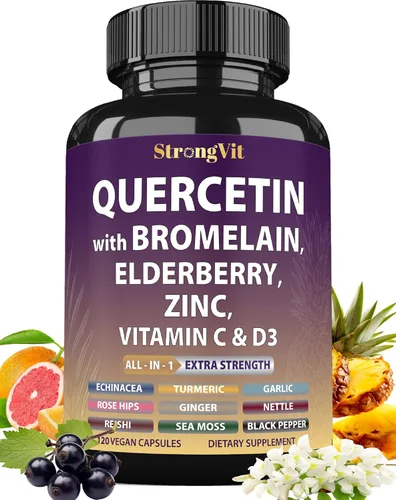 StrongVit Quercetina con bromelina, saúco, vitamina C, D3 y zinc. Suplemento de apoyo súper inmunológico. Complejo orgánico para hombres y mujeres,