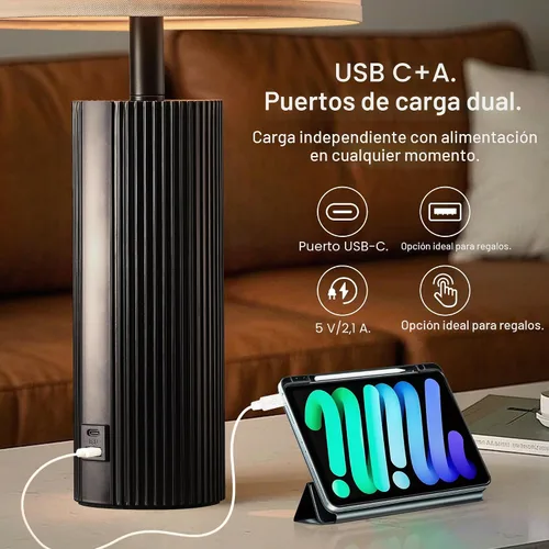 Miniatura 3 de Juego de 2 lámparas negras de 24.5 pulgadas, modernas lámparas de mesa para sala de estar con puertos USB C+A, lámparas táctiles creativas a rayas