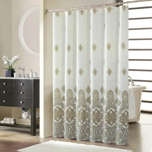 Miniatura 23 de Cortina de ducha de tela, estampado beige y tostado, cortinas de ducha con patrón de damasco bohemio de cachemira para baño, cortinas de baño Hudson