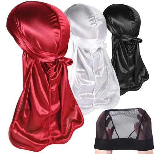Miniatura 32 de Paquete de 3 piezas de durags sedosas para ondas de hombres, de regalo 1 gorra para marcar las ondas, talla única