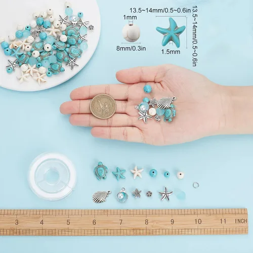 Miniatura 3 de SUNNYCLUE 1 caja de bricolaje de 6 piezas de cuentas de turquesa con temática oceánica de verano de 0.315 in, dijes de concha, kit de fabricación