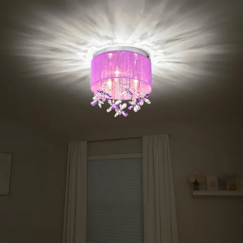 Miniatura 4 de LaLuLa Candelabro de cristal morado para dormitorio de niñas, lámpara de techo E12 de 3 luces, pantalla de cuerda de algodón hecha a mano, elegante