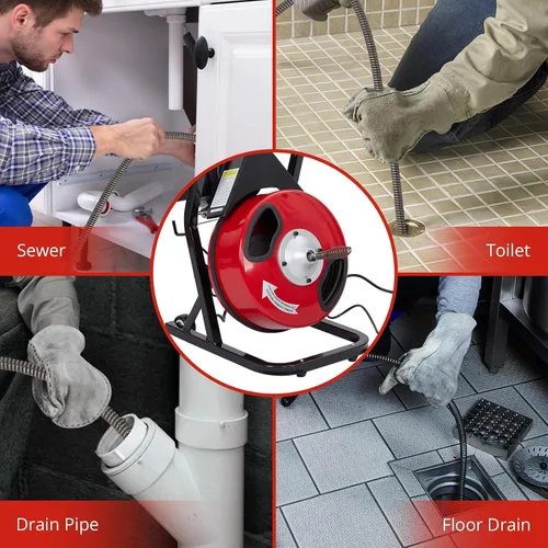 Miniatura 3 de Zstar Máquina limpiadora de drenaje de 50 pies x 1/2 pulgada, alimentación automática de barrena de alcantarillado con 4 cortadores e interruptor