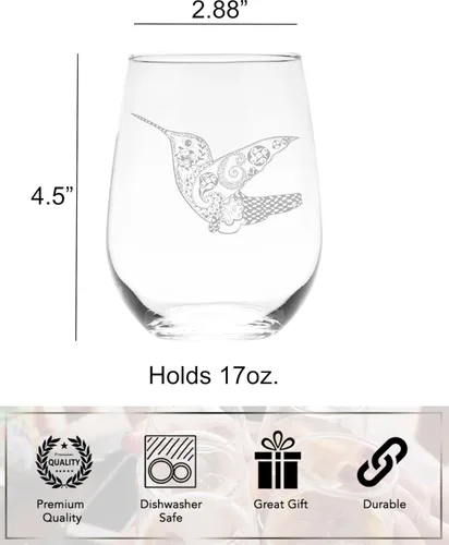 Miniatura 5 de C M Copa de vino sin tallo de 17 onzas, vidrio grabado con láser con diseño de colibrí, regalo para amantes de los colibríes para mujeres y hombres