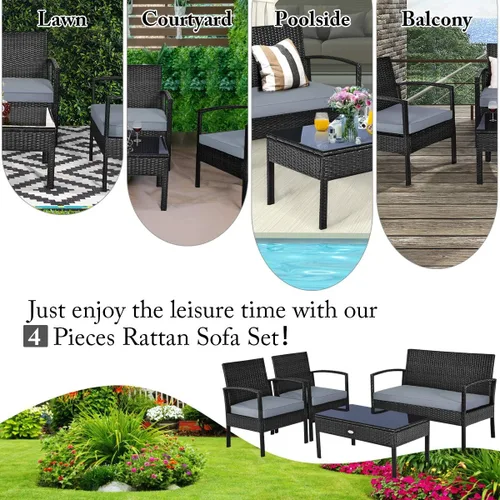 Miniatura 5 de Juego de 4 muebles de patio para exteriores, juego de sofá de mimbre con cojín gris resistente al agua y mesa de vidrio templado para patio trasero