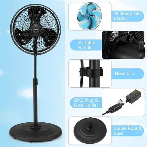 Miniatura 8 de COSTWAY Ventilador de nebulización para exteriores, ventilador de pedestal oscilante de 16 pulgadas con altura ajustable, 3 niveles de niebla, 3