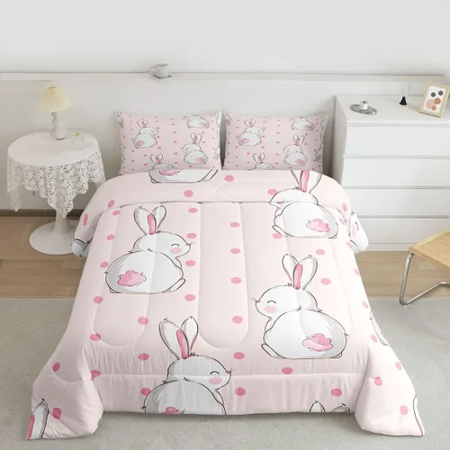 Miniatura 9 de Feelyou Juego de ropa de cama de conejo para niños, tamaño individual, juego de edredón de conejo para niñas y mujeres, edredón de plumón verde