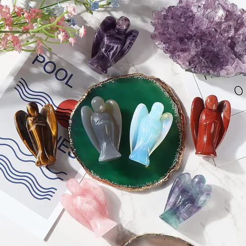 Miniatura 6 de Artistone Estatua de ángel guardián de fluorita arco iris, piedras de ángel, hechas a mano, con caja de regalo, 2 pulgadas
