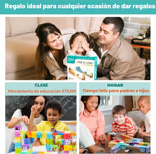 Miniatura 7 de QBI - Juego de bloques magnéticos de inicio 4 en 1 Bloques de construcción STEM con 4 autos y baldosas de pista 3D Juguetes magnéticos