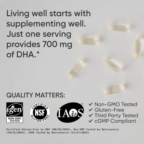 Miniatura 4 de Sports Research® DHA vegano 700mg – Apoyo cognitivo, apoyo cerebral, suplemento con Omega-3 DHA de aceite de algas – Certificado vegano · Sin OMG ·