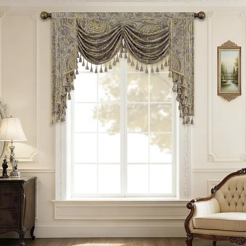 Miniatura 29 de Loom and Mill Cenefa de cascada de lujo de jacquard para sala de estar, elegantes cenefas de ventana con festones y cuentas damascadas, cortinas