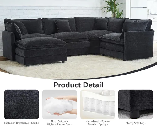 Miniatura 7 de Sofá modular Cloud seccional, moderno sofá modular en forma de L de felpilla con otomana y almohadas, sofás esquineros de asiento profundo de 5 Negro