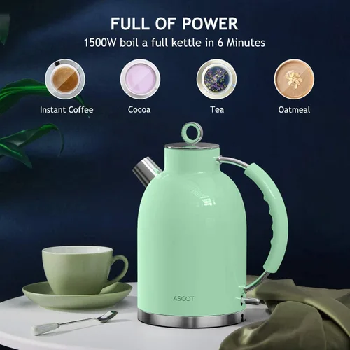 Miniatura 5 de ASCOT Hervidor eléctrico, de acero inoxidable, hervidor de té eléctrico, regalos para hombres/mujeres/familia, calentador de té retro de 1.5 L 1500