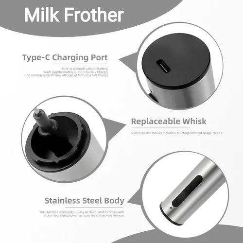 Miniatura 4 de Varita espumadora de leche recargable con 3 botones de velocidad independientes, batidor eléctrico de mano con 5 accesorios para café, lattes