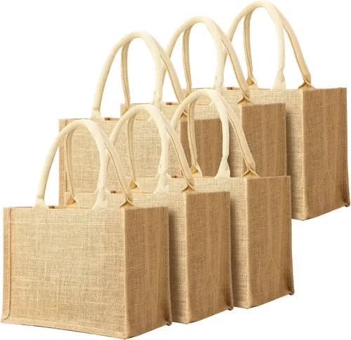 Miniatura 14 de Segarty Bolsa de arpillera, paquete de 6 bolsas grandes reutilizables de lona de yute con asas, bolsas de mano en blanco a granel para damas