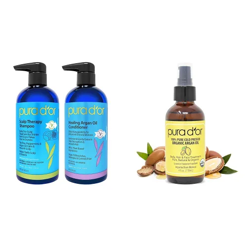 PURA D'OR Juego de champú y acondicionador para terapia del cuero cabelludo (16 onzas líquidas x 2) + aceite de argán orgánico de 4 onzas, para