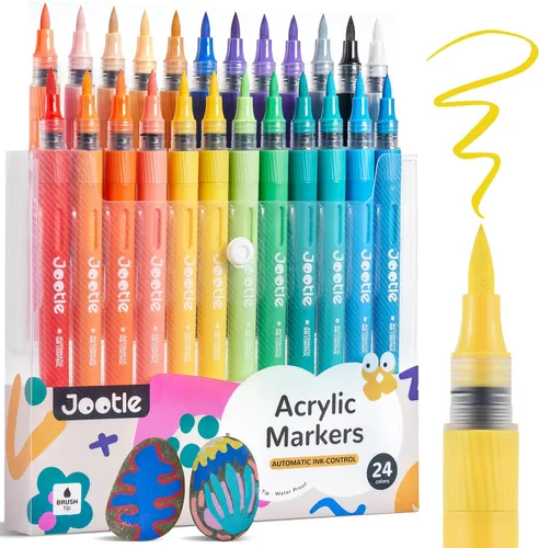Marcadores de pintura acrílica de 24 colores, punta de pincel, control automático de tinta acrílica, marcadores de pintura acrílica impermeables que