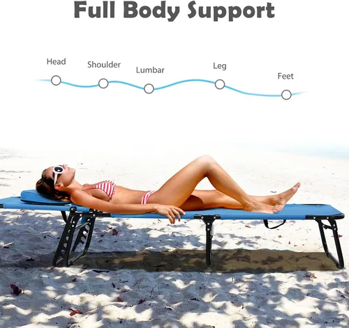 Miniatura 5 de Sillón plegable de playa con 5 respaldos ajustables y almohada acolchada, tumbona para tomar el sol, silla plana de bronceado para cubierta de Azul