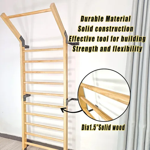 Miniatura 5 de FC FUNCHEER Escalera sueca, barra de gimnasia para montar en la pared, de madera maciza con 11 varillas estratégicas, 86.6 pulgadas de alto, 32