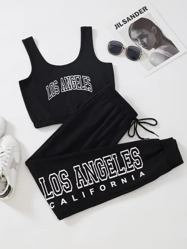 Miniatura 6 de Verdusa Conjunto de 2 piezas para mujer con camiseta corta sin mangas y pantalones deportivos