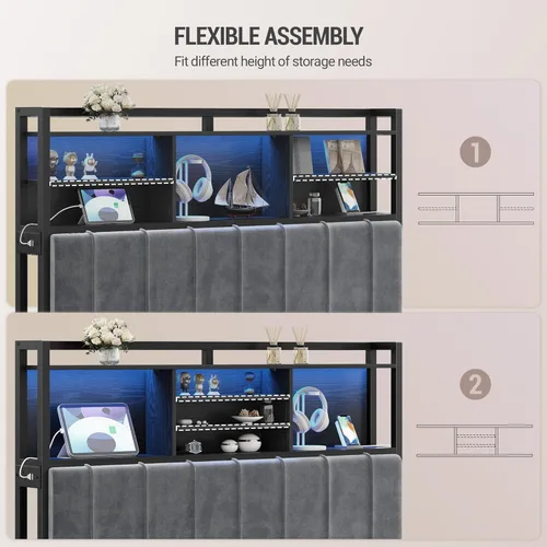 Miniatura 5 de Hzuaneri Cabecero con estantes de almacenamiento de 3 niveles, tablero de cabecera tapizado de terciopelo con 2 tomas, puertos USB y luz LED